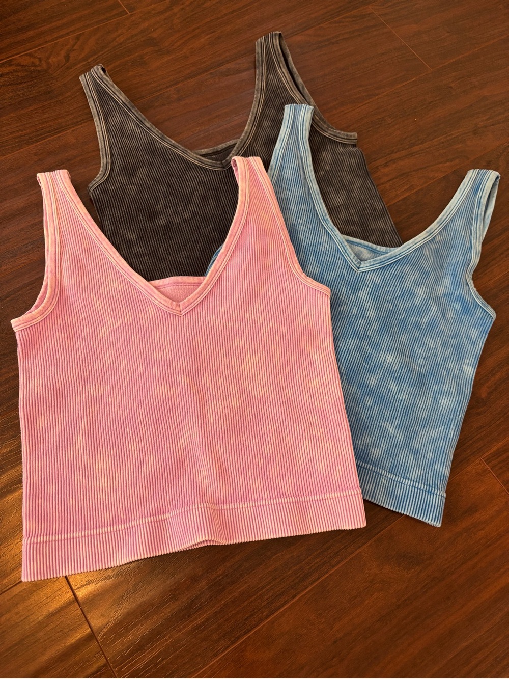 Set of 3 Ribbed V-Neck Tank Tops - Pink, Light Blue, Charcoal